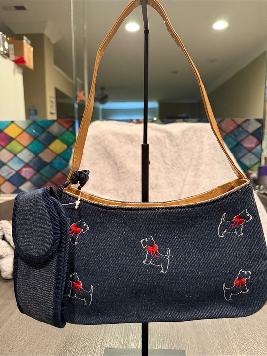 Handbags - Navy Denim Shoulder Bag with Scottie Dogs